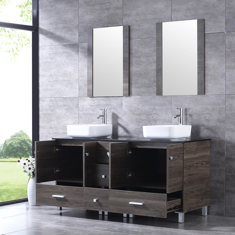 Aldesina 60'' Double Bathroom Vanity with Glass Top