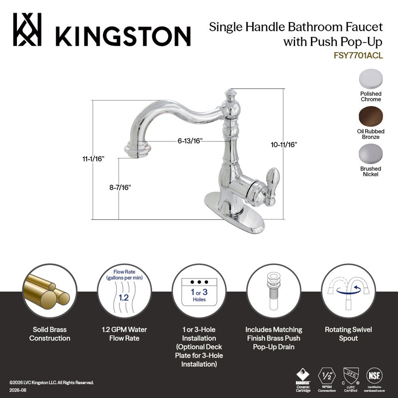 Robinet de salle de bain à fixation sur comptoir à poignée simple 1 ou 3 trous Kingston, Nickel brossé