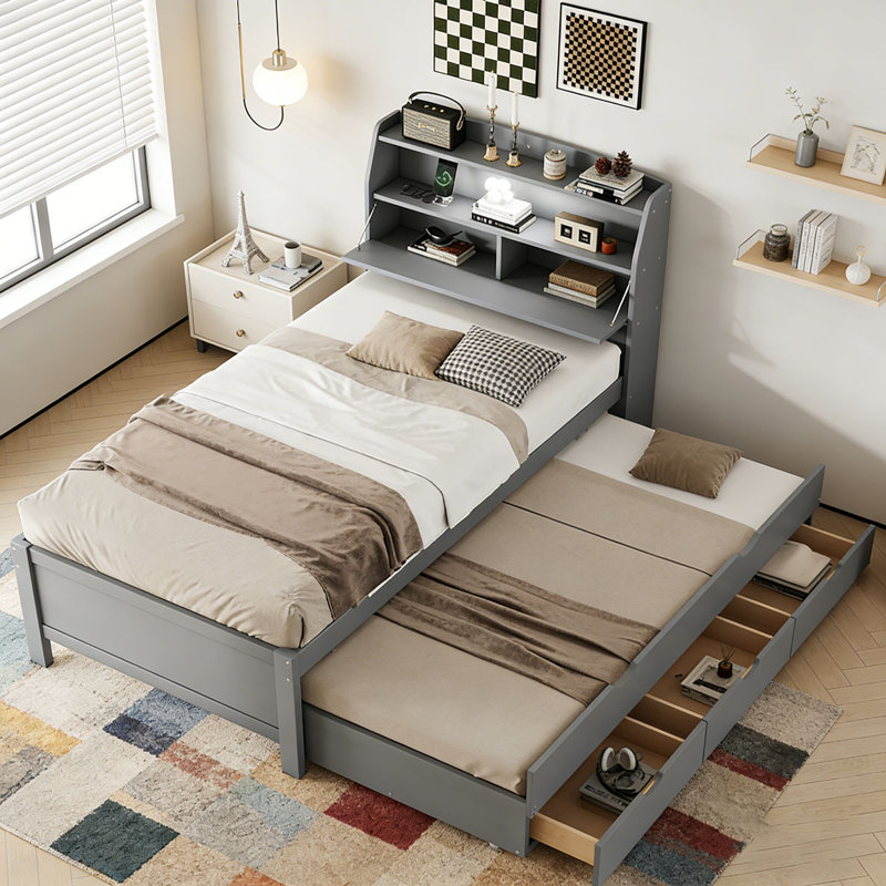 Lit plateforme en bois avec lit gigogne et tête de lit à DEL avec tiroirs, Grey, Twin
