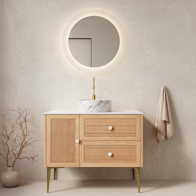Meuble-lavabo de salle de bain avec lavabo, armoire de rangement autoportante en contreplaqué avec 4 pieds, porte et 2 tiroirs, lavabo en céramique blanche avec motif en pierre, sans robinet, pré-assemblé