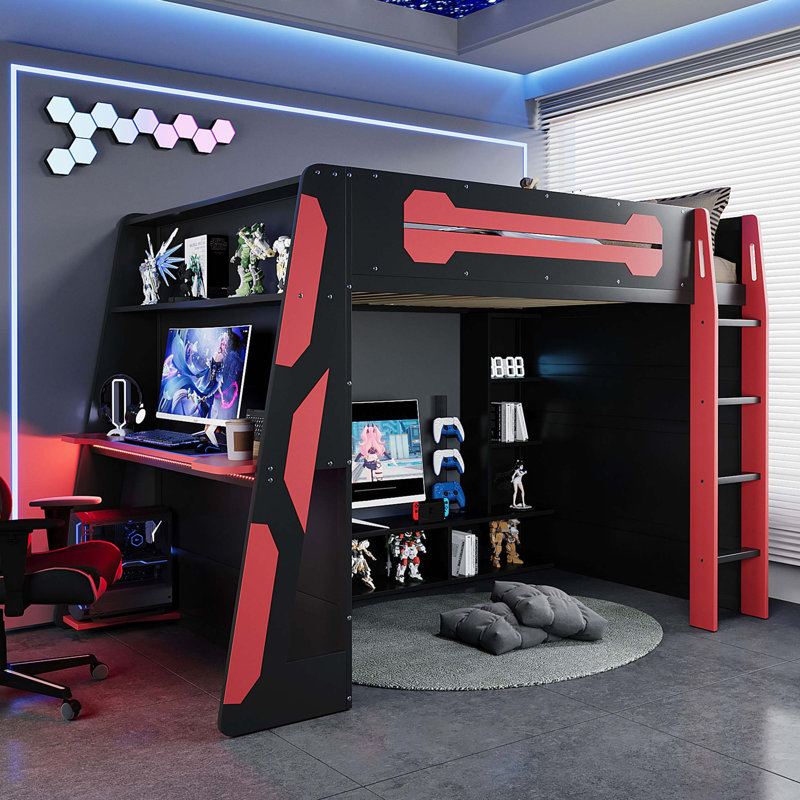 Lit mezzanine double en bois avec bureau, tablettes de rangement et éclairage ambiant RVB contrôlé par une application, Rouge