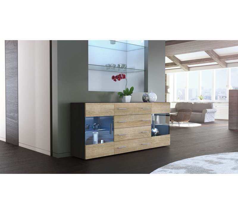 Bari 166cm Sideboard, No, Black (matt)/Oak