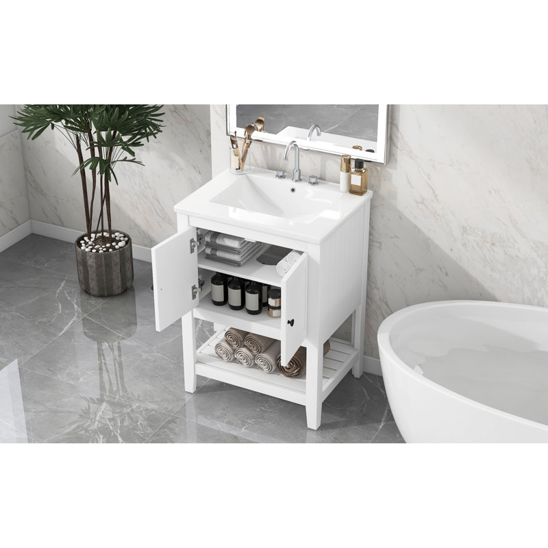 " White Modern Bathroom Vanity With Ceramic Sink & Solid Wood Frame