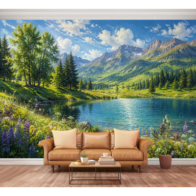 Wall Mural Peel and Stick Mountain Lake Wildflowers Pine Trees Summer Landscape Large Wallpaper Self-Adhesive Removable Contact Paper Wall Decor for Living Room Bedroom Nursery 100"H x 144"W