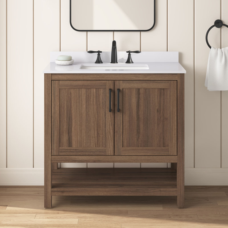 Meuble-lavabo simple OVE Vegas de 76 cm (30 po) en noyer épicé, comptoir en pierre reconstituée blanc tourterelle, quincaillerie noire mate