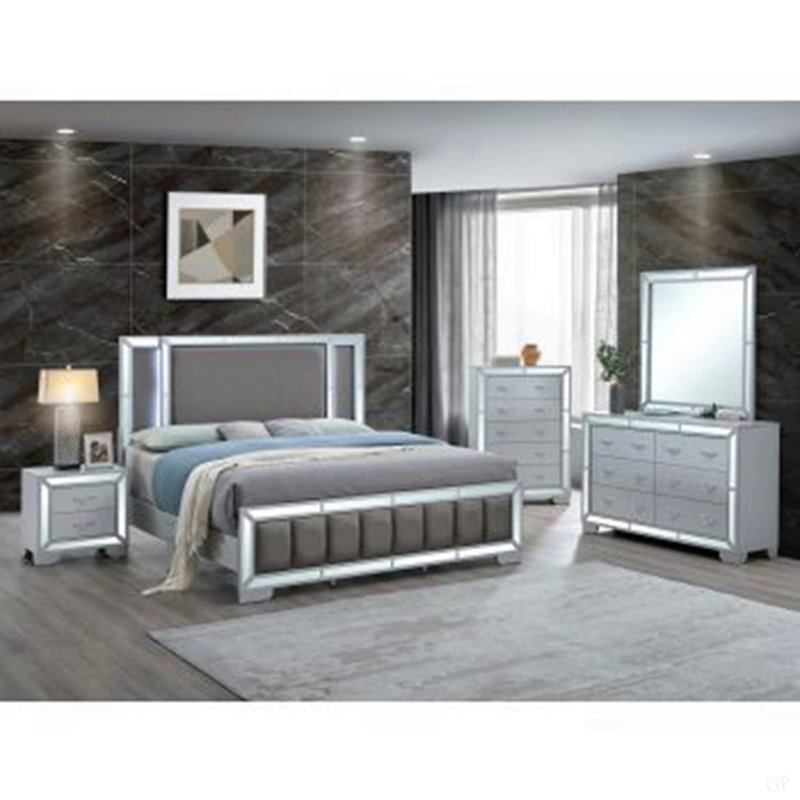 Lit plateforme tapissier gris moderne avec tête de lit à miroir DEL (matelas non inclus), Très grand lit