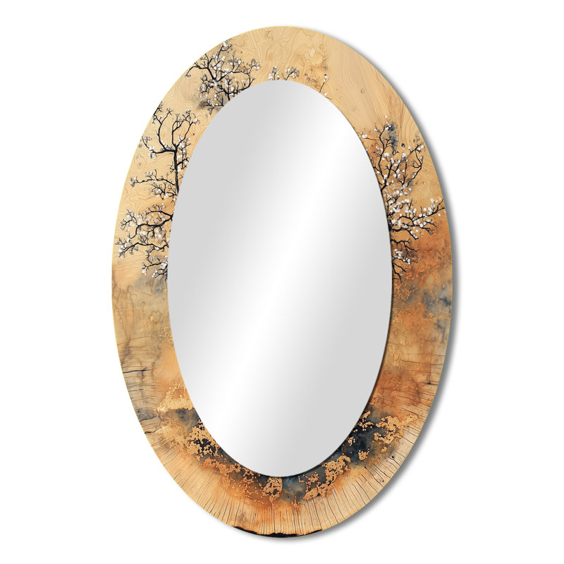 Golden Cherry Blossom Under The Sakura Sk - Floral Oval Decorative Mirror On Metal, 36" x 24"
