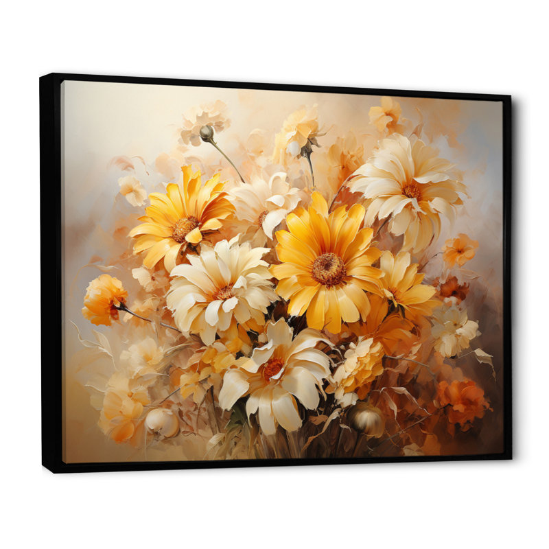 Impression romantique sur toile, tournesols beiges beige IV, H 12 po x l 20 po x P 1 po, Cadre flottant noir