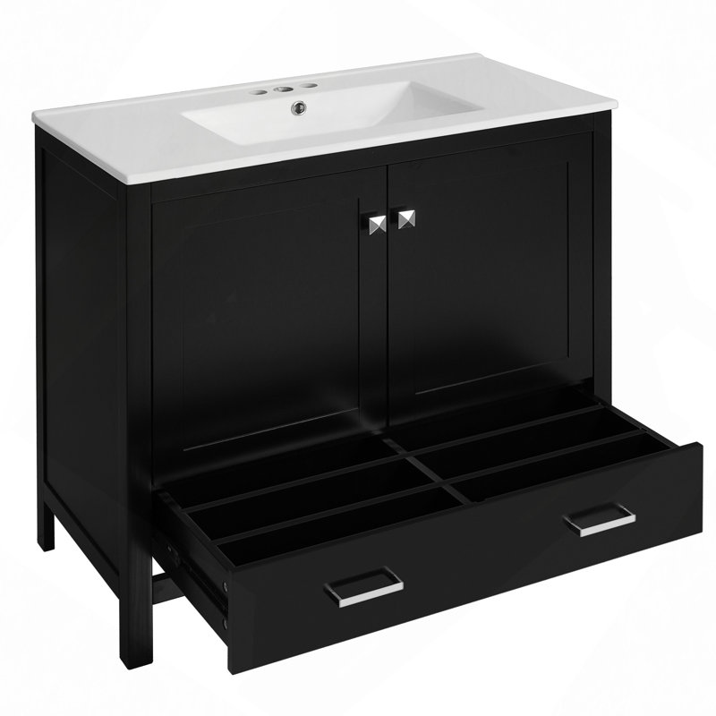 Bathroom Vanity With Ceramic Sink, Soft-Close Doors, Double Storage Shelves & Divided Drawer – Modern Bathroom Cabinet With Ample Storage