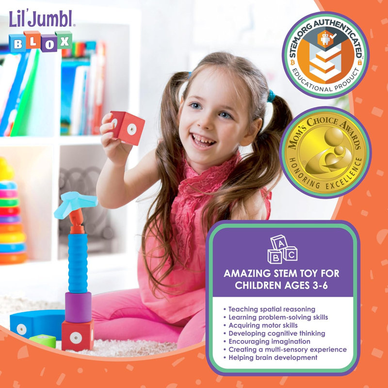 Ensemble de blocs de construction magnétiques 100 pièces Lil 'JUMP Blox, jouets durables et imperméables pour tout-petits 3-6