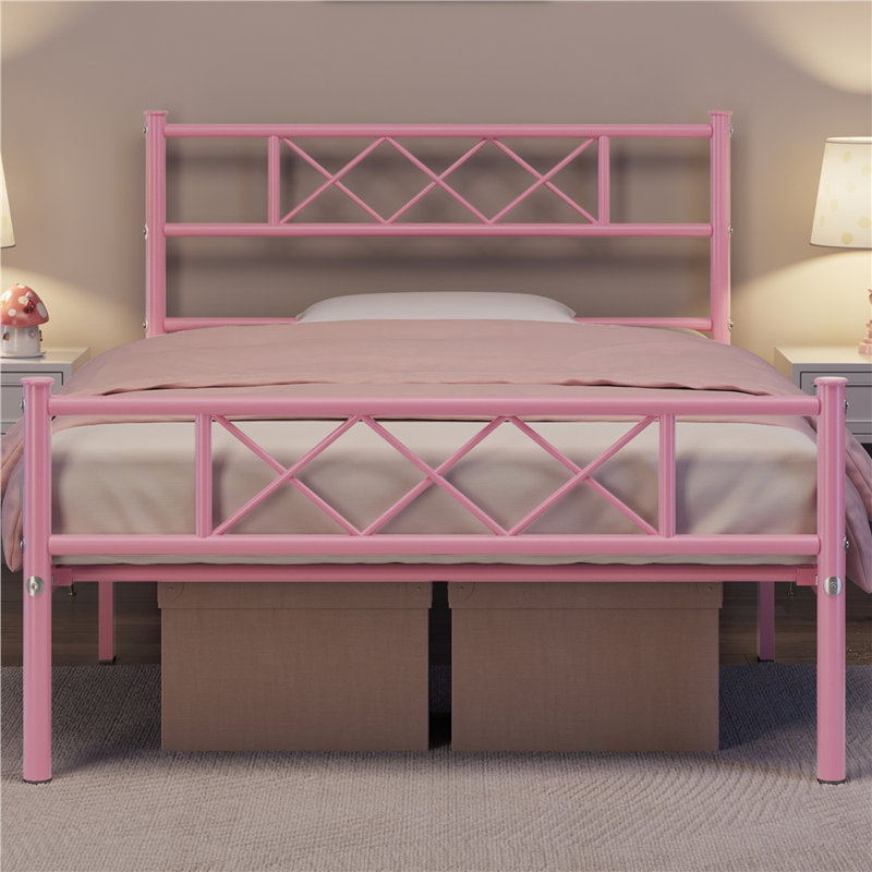 Modern Metal Bed Frame with Cross-design Headboard & Footboard, Pink, Single (3')