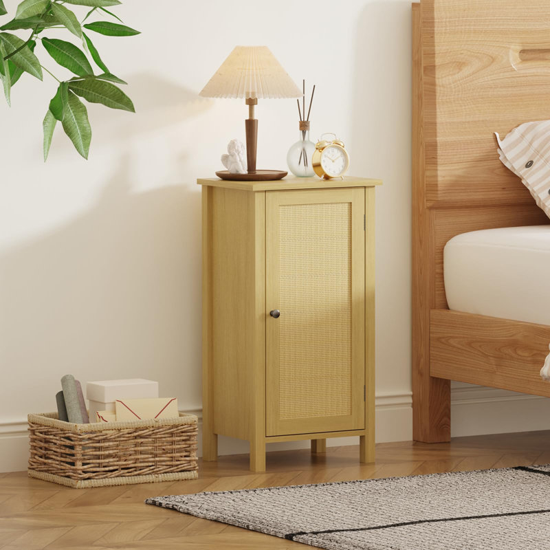 Modern Farmhouse Nightstand with Rattan Door & Drawer​ – Compact 16" Black Accent Bedside Table Featuring Boho Wood Design, Dual Storage