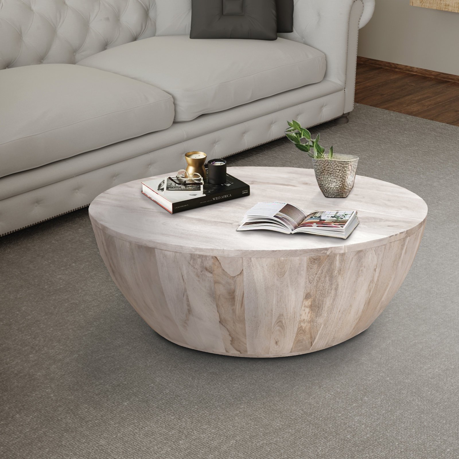 Teasdale 36" Mango Drum Coffee Table, Distressed White