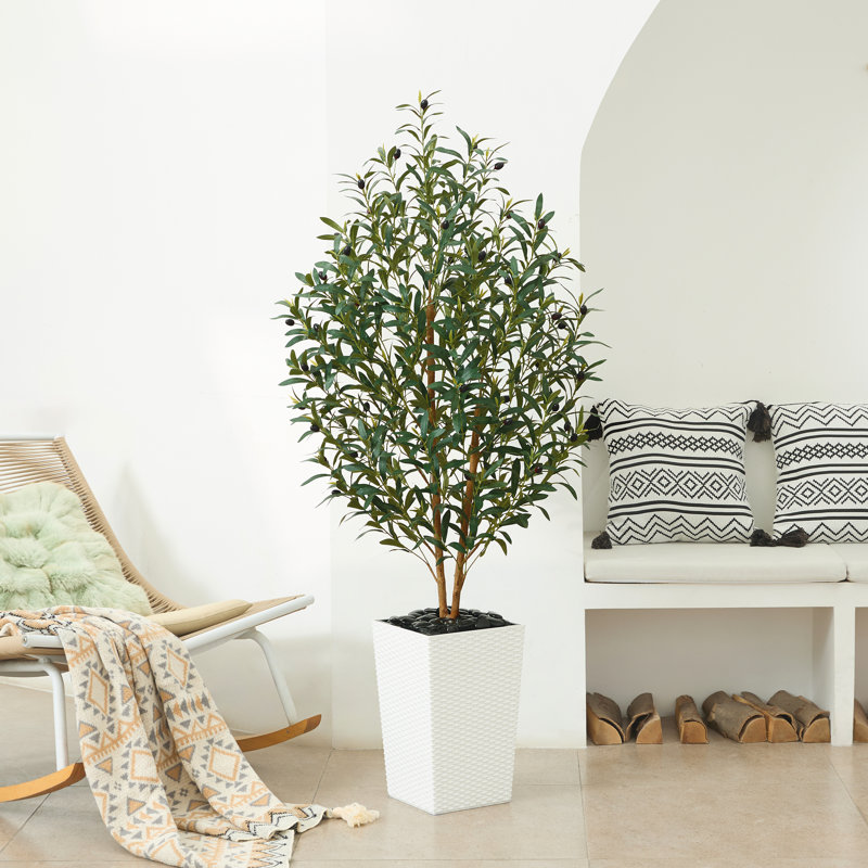 Faux olivier George avec protection UV, 2 troncs naturels, grand olivier décoratif en pot, H 60 po x l 20 po x P 20 po, Blanc