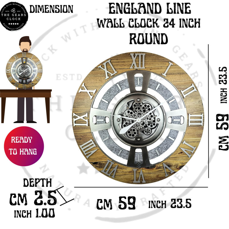 Wall Clock 24" Oversized for Living Room decor with Real Moving Gears England Collection, Vintage Black