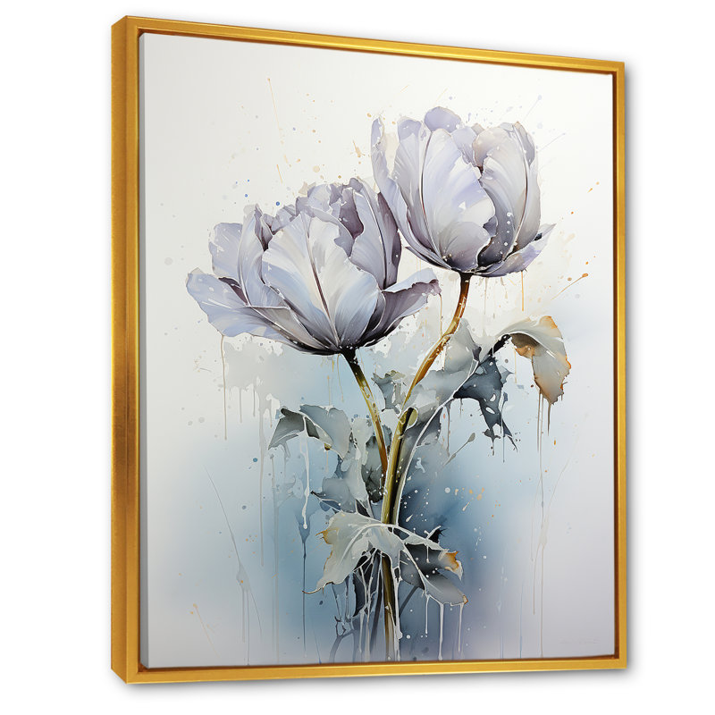 Tulipe grise sur un support sur toile, H 32 po x l 16 po x P 1 po, Cadre flottant doré