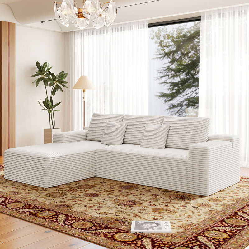 Koli Boneless 104" L-shaped Sectional Couch, Compression Sofa for 4 Person, Corduroy, Left Hand Facing, White Velvet