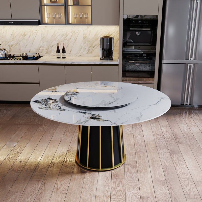 Round Sintered Stone Dining Table With Lazy Susan, Patek, 29.53" H x 59.05" L x 59.05" W
