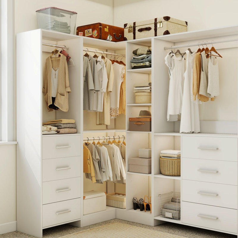 Système de placard d'angle de 80 po en L avec tablettes et tringles de suspension, organisateur de garde-robe ouvert pour chambre à coucher