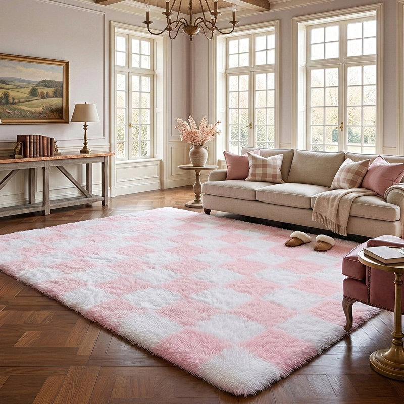 Plush Checkered Shag Area Rug - Soft Fluffy Pink & White Grid Fleece Carpet for Living Room, Bedroom, Dry-Clean Only, High-Pile Shaggy Rug with Modern Checkerboard Pattern, Cozy Non-Slip Floor Decor for Contemporary Home Spaces