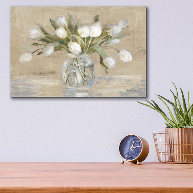  «April Tulips Neutral» par Danhui Nai, art mural en verre acrylique, H 12 po x l 16 po x P 0,13 po
