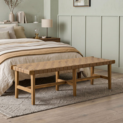 Acacia Wood and PU Leather Woven Bench