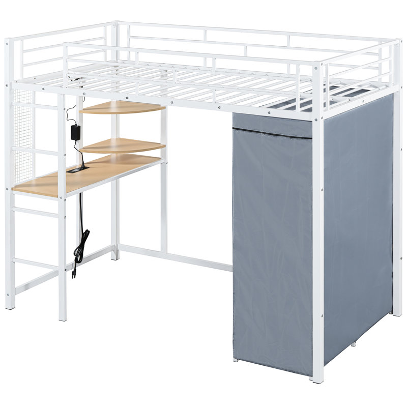 Lit mezzanine blanc avec bureau pivotant, prise électrique, conduit, tablettes et garde-robe blanc, Lit simple, Blanc