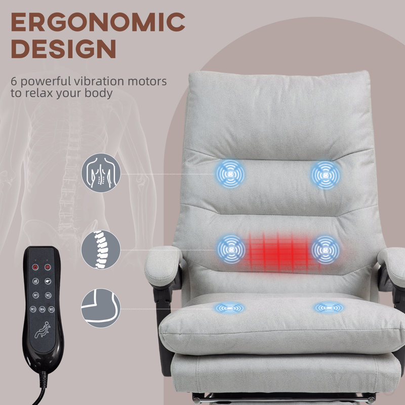 Fauteuil de bureau en microfibre à massage, fauteuil inclinable chauffant avec repose-pieds, gris clair