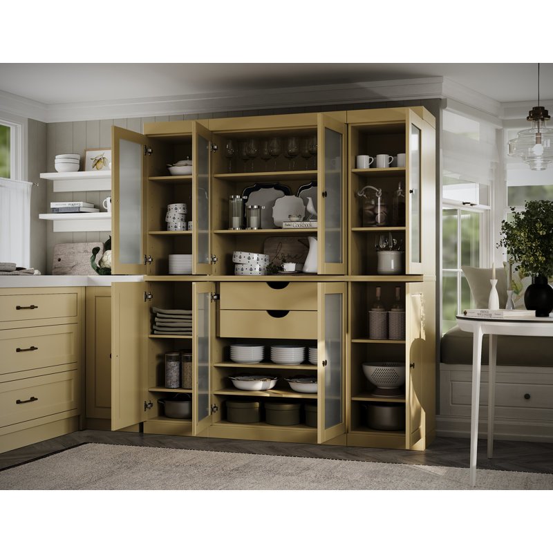 100% Solid Wood 65" Pantry China Cabinet with Solid, Frosted Glass Doors, 2-Drawers and Adjustable Shelves, Yellow