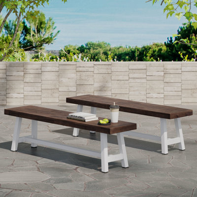 De 2 bancs d'extérieur, en bois manufacturé, esthétique industrielle moderne, banc à lattes, l 63 po x P 14,33 po, H 17,5 po, siège en bois à lattes, 61,44 po, 18,02 po