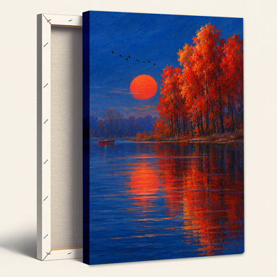 Orange Autumn Trees Reflecting in Blue Water Under Large Canvas Wall Art