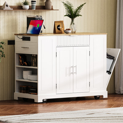 Fluted Kitchen Island With Trash Can Storage Cabinet, Power Outlet, Internal Storage Rack, Rolling Kitchen Islands On 5 Wheels With 3 Drawer, 3 Open S by Latitude Run
