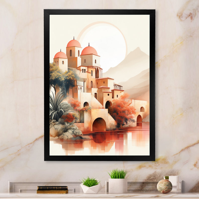 Pleine lune, paysage urbain antique, impression terre cuite sur toile, H 32 po x l 16 po x P 1 po, Cadre simple noir
