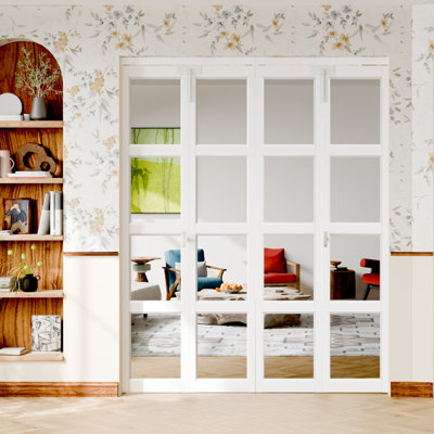Bi-Fold Doors: 4-Lite Mirrored White Folding Doors, Manufactured Wood, With Lock, Handle & Hardware Kit