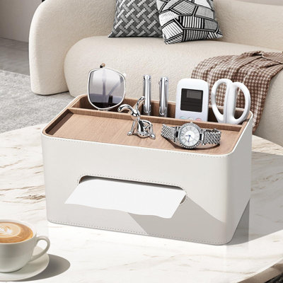 PU Leather Tissue Box Cover Rectangular with Storage Organizer, Multifunctional Remote Control Holder, Desk Organizer(Beige)