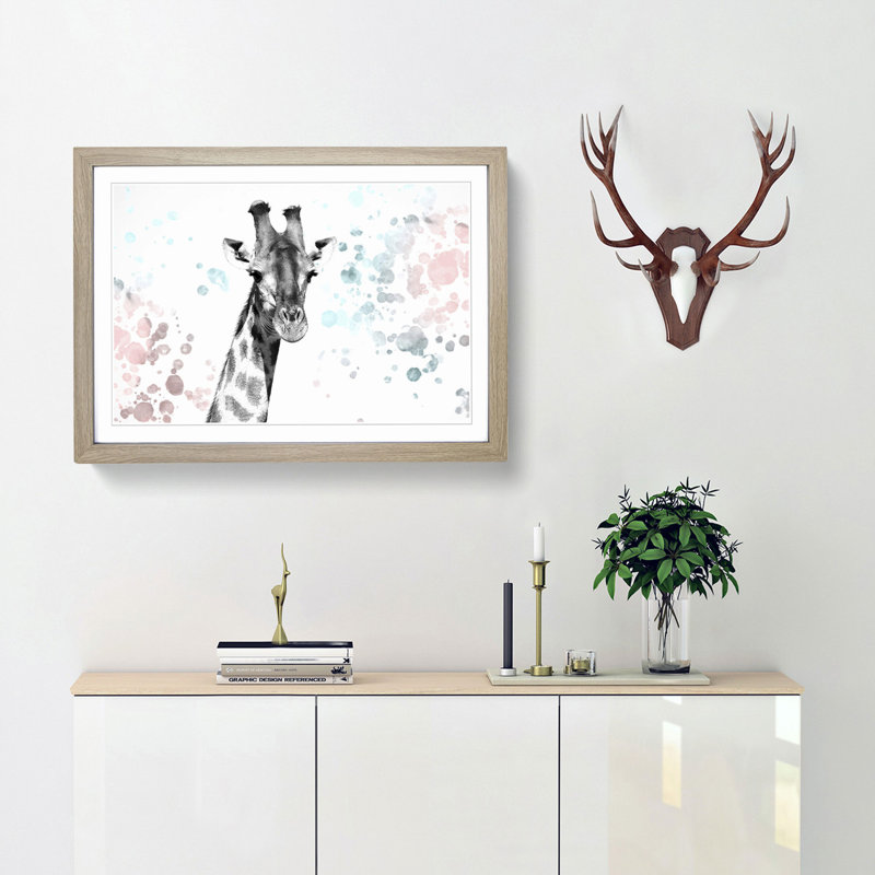 Giraffe with Paint Splashes - Picture Frame Painting Print, 62cm H x 87cm W x 2cm D, Oak Framed