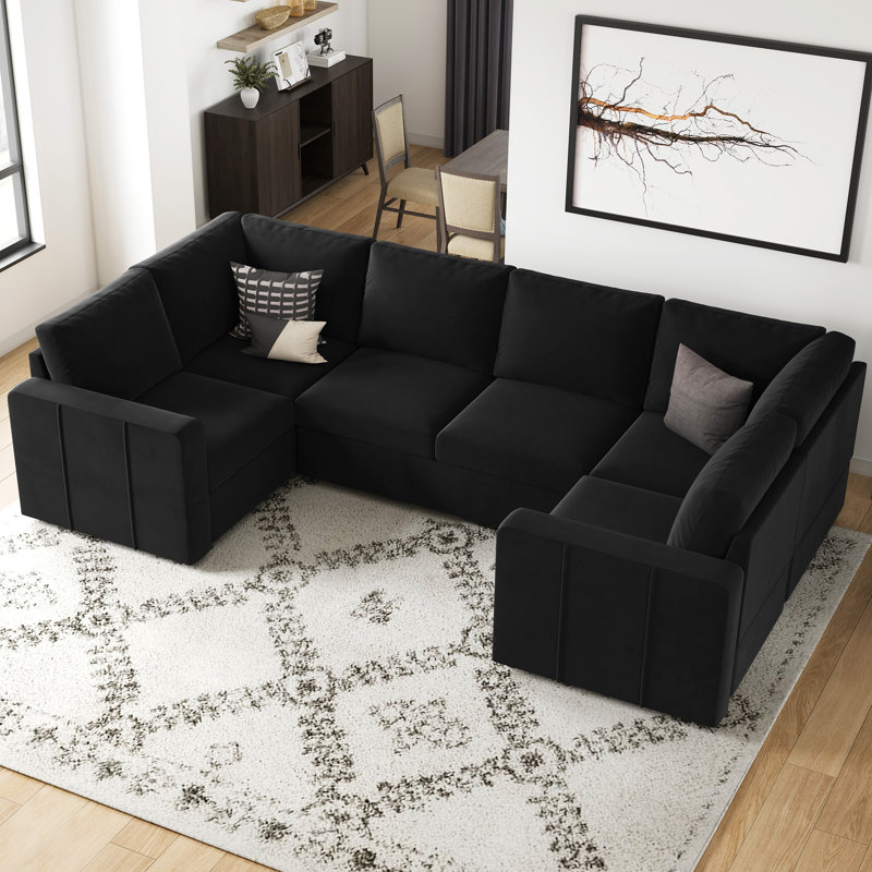 Canapé modulaire en U Seybert, H 36 po x l 110,2 po x P 58,4 po, Velours noir