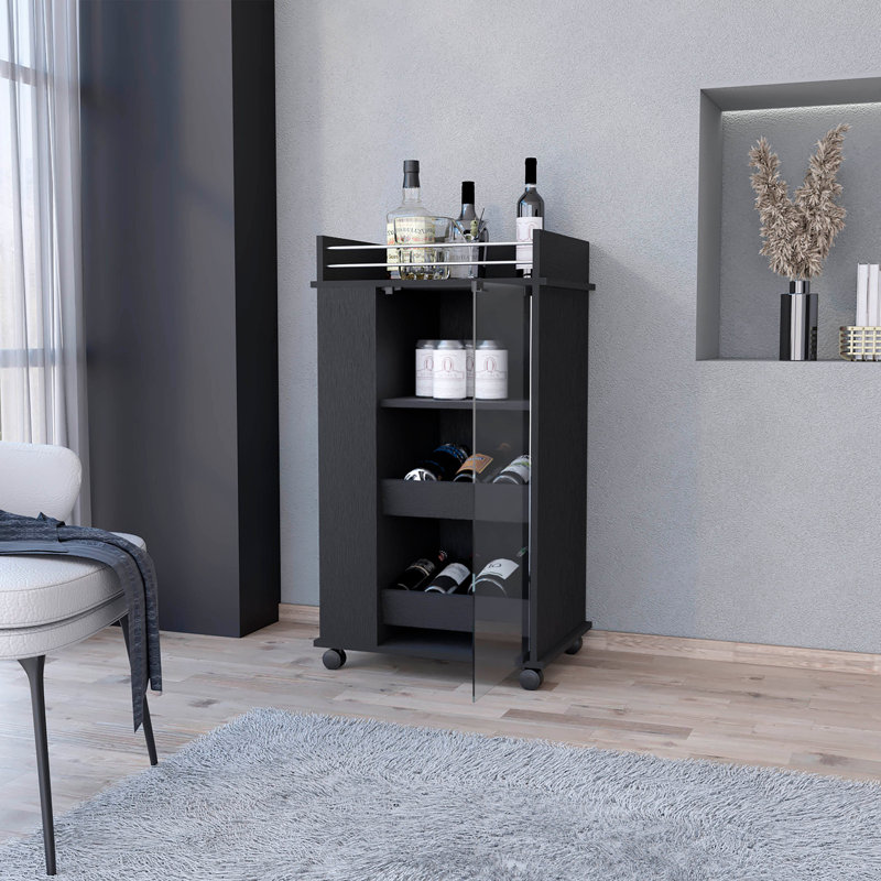 Lusk Bar Cart with Shelf for 2 Bottles, Glass Door, and Swivel Wheels, Black