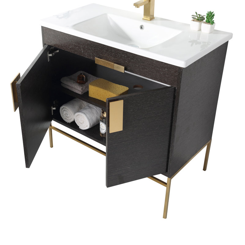 Ensemble de meuble-lavabo simple 36 po Maisie, Laiton satiné, Chêne noir à grain droit