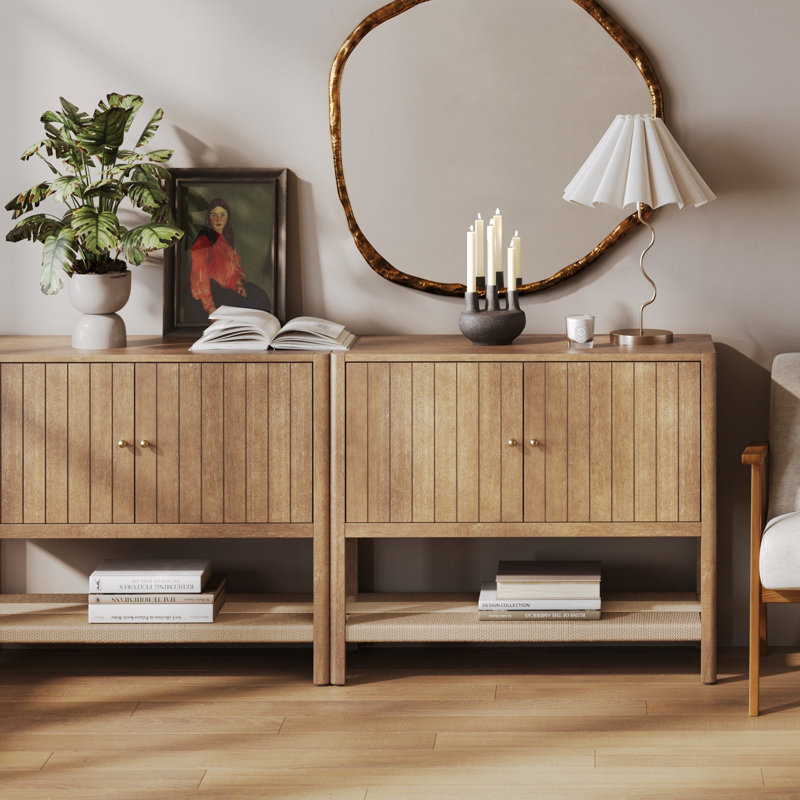 Wood Accent Cabinet With Open Seagrass Storage, Brown
