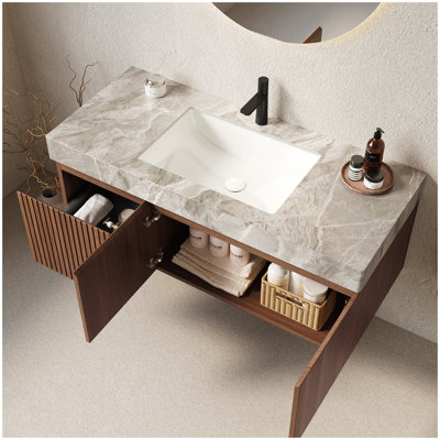48" MURI Light Gray Sintered Stone Countertop and Undermount Ceramic Basin with One Standard Pre-drilled Faucet Hole, NO Cabinet, NO Faucet and Sink Cover