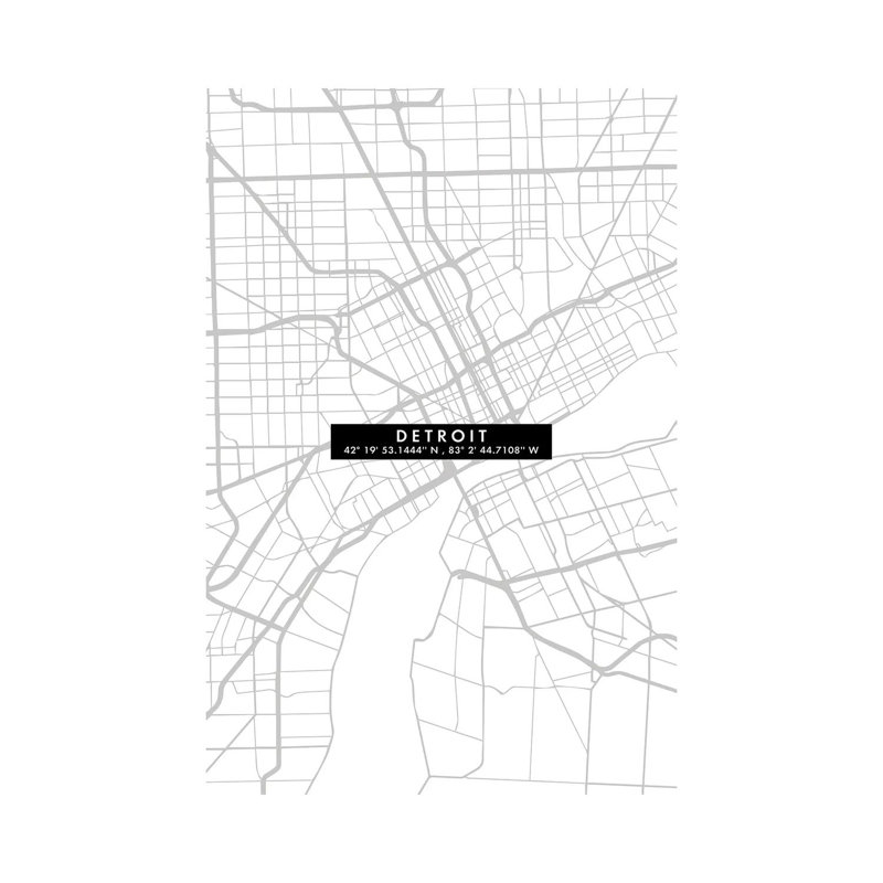 Detroit City Map Minimal - Wrapped Canvas Print, 101.6cm H x 66.04cm W x 1.91cm D