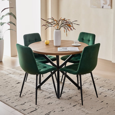 Ensemble de table de salle à manger 39 po pour 4 personnes, table de salle à manger moderne de style Mid-Century brun avec 4 chaises en velours vert pour le salon, la maison