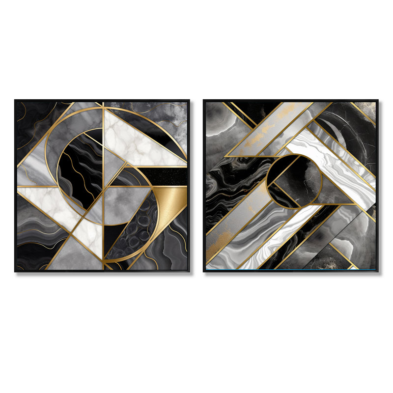 Marbre granit agate avec des touches d'or - formes abstraites carrées collage ensemble de 2, Cadre flottant noir
