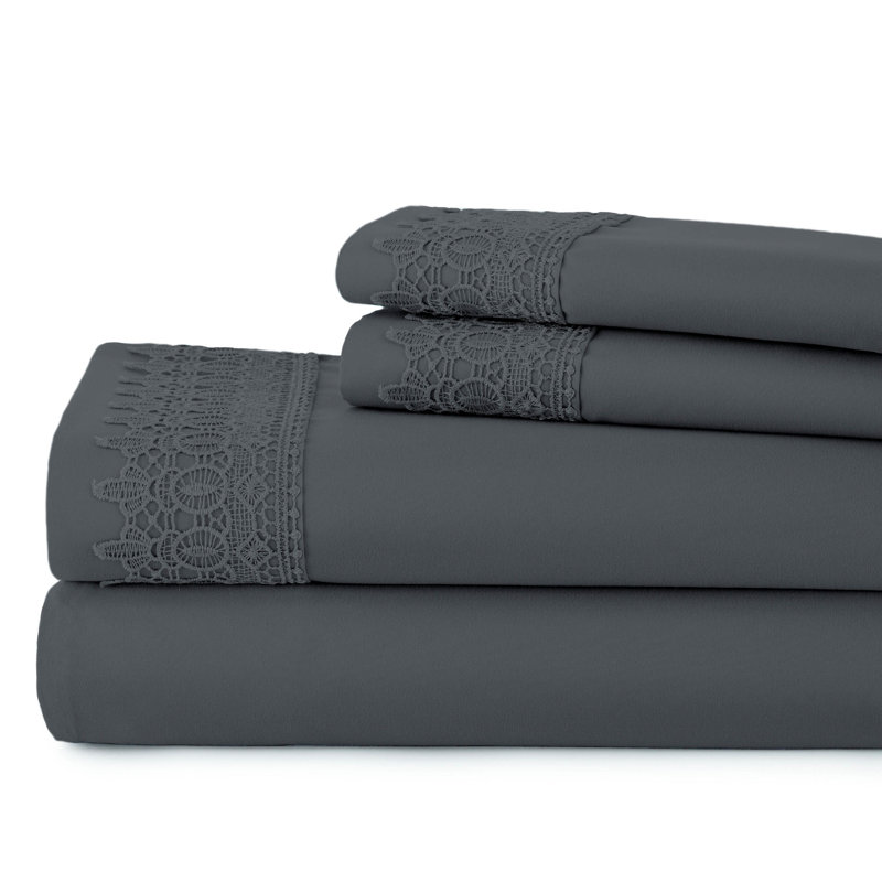 Jaquil Extra Deep Pocket Microfiber Sheet Set with Lace Hem, Twin, Slate