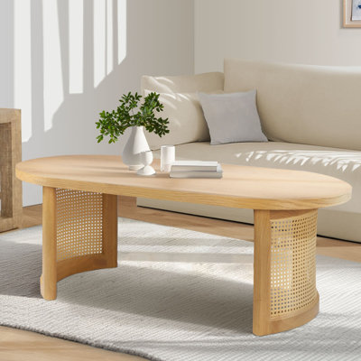 Antowine 48" Oval Solid White Oak Rattan Coffee Table