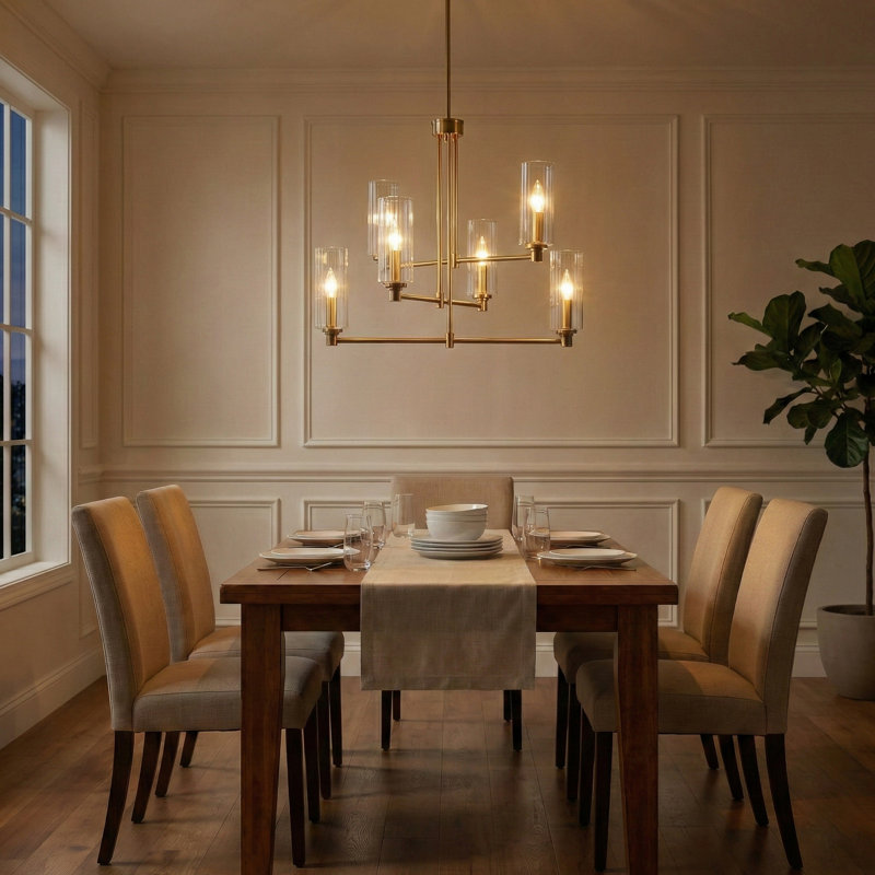 Timeless 6 - Candle Lights Satin Brass Pendant with Clear Ribbed Glass