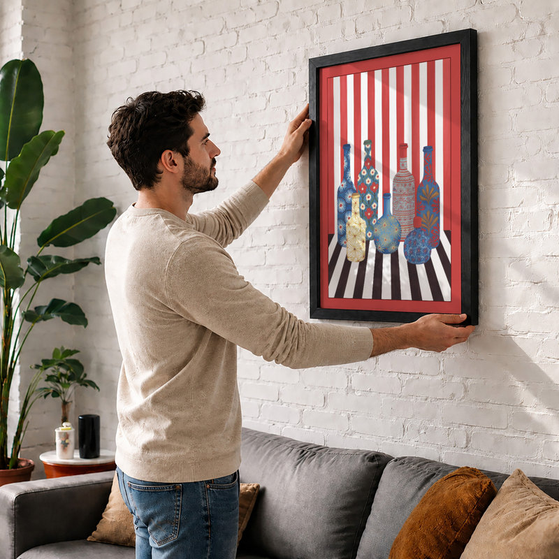 Patterned Bottles in Line Modern - Framed Print, Walnut, A1 - 84.1 x 59.4 cm