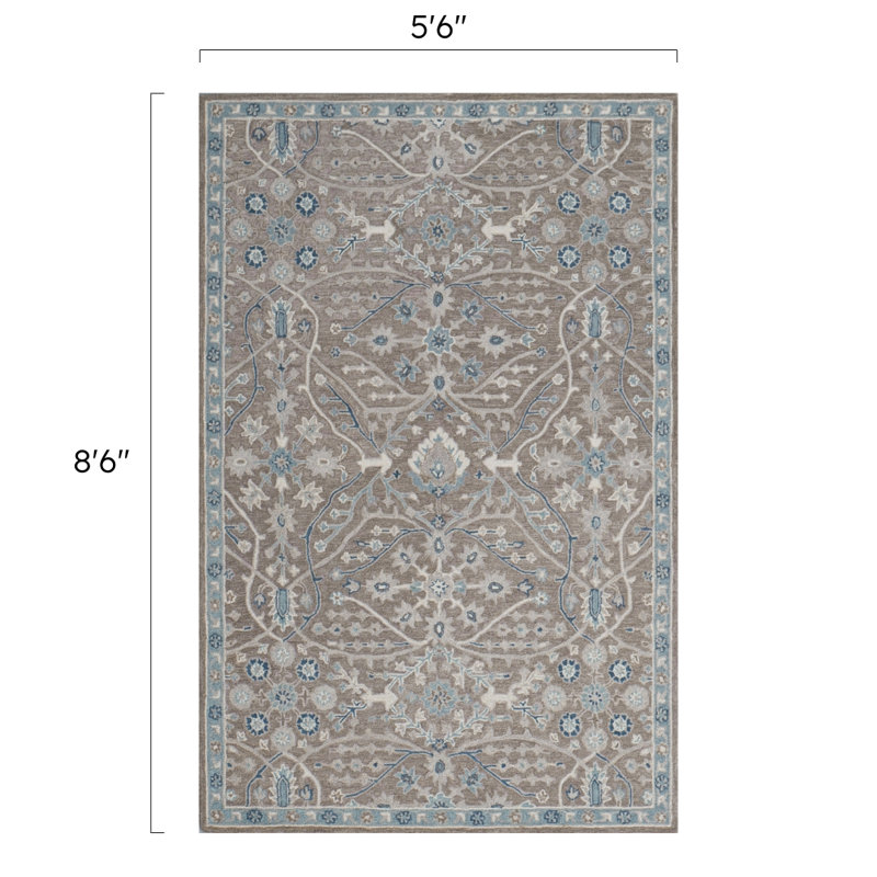 Wren Hand Tufted Wool Floral/Oriental Area Rug in Timber/Beige/Blue, Rectangle 5'6" x 8'6"