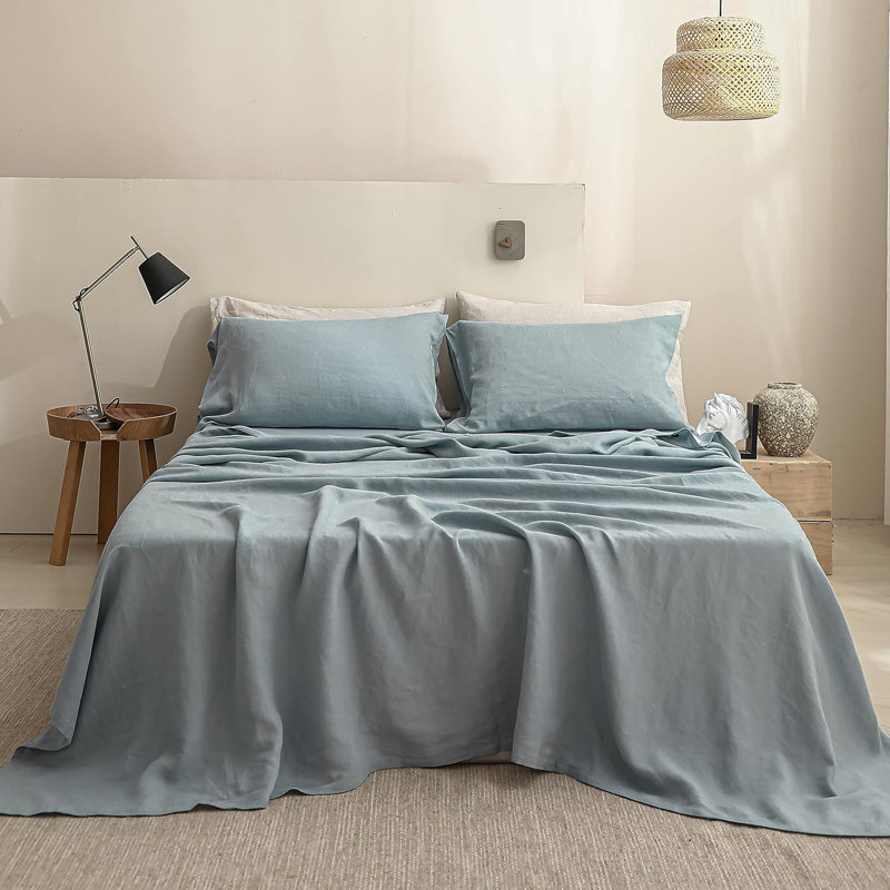 Drap français en lin, literie 100% lin naturel avec pierre délavée, King Flat Sheet, Bleu cendré de base